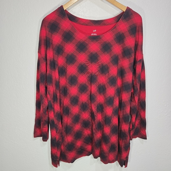 J. Jill 2X Simply Supima Cotton Red Black Plaid Scoop-Neck Tunic Shirt - Picture 1 of 4